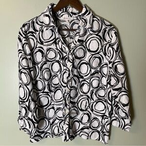 JM Collection Button Blouse Sz 16 100% Linen Black White 3/4 Sleeve Geometric
